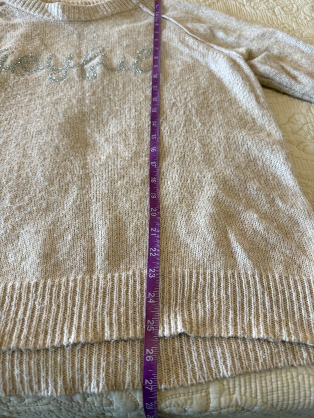 Soft knit sweater featuring a sparkly "joyful" graphic. - Picture 7 of 7